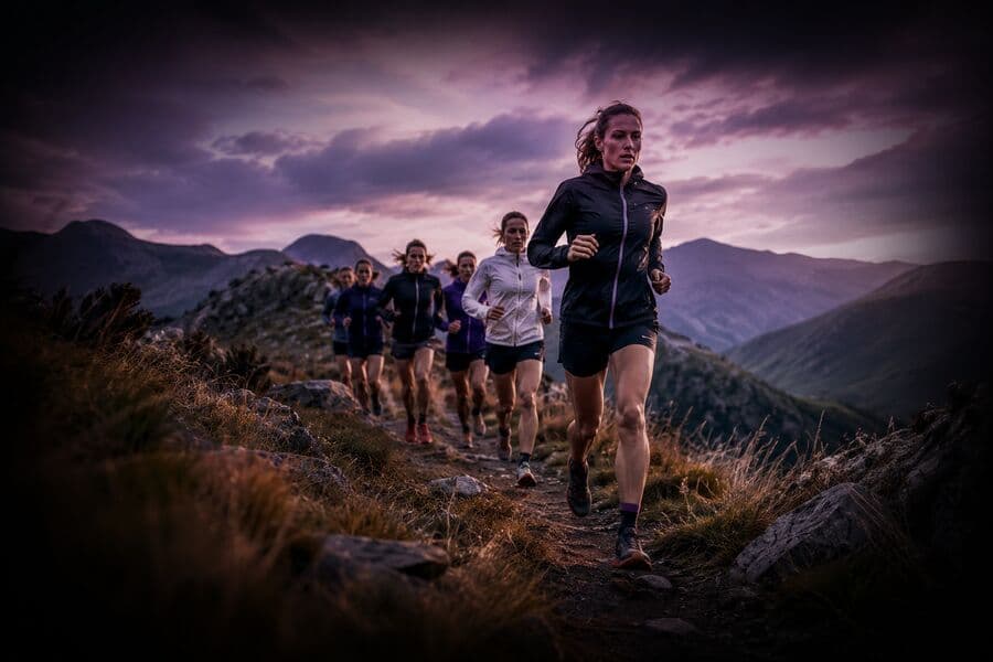 Distance runners on a trail run at dusk