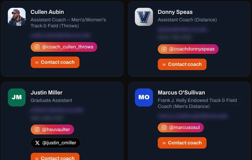 Coaching staff cards on a Trackbeast program page, each with the coach’s event group and contact