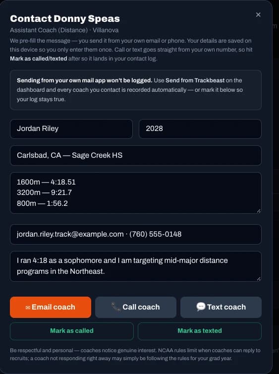 Trackbeast coach email composer, pre-filled with an athlete’s PRs, grad year and high school